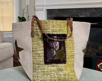 Bohemian Linen & Chenille Tote with Leather Pocket | Large Handmade Canvas Work Bag