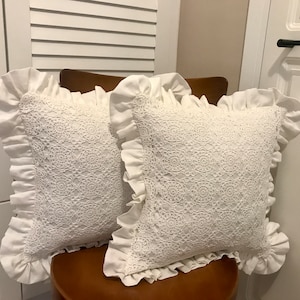 Romantic White Linen Pillowcase with Ruffles & Handmade Lace, Elegant Decorative Cushion Cover for Bedroom and Home Decor