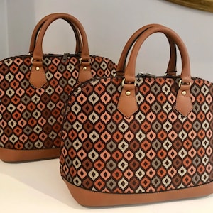 Sac de créateur à poignée supérieure avec tissu d'ameublement jacquard marocain et cuir marron clair, pochette à main | sacoche | Cadeau fête des mères