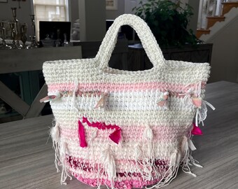 Handmade Boho Recycled Fabric and Yarn Tote Bag | Pink & White Market Bag