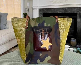 Borsa tote patchwork boho con ciniglia verde e pelle / Borsa da lavoro in tela grande