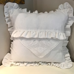 Romantic White Linen Pillow Cover with Ruffle & Handmade Lace | 16x16 Cushion | Shabby Chic, Rustic Farmhouse, Nursery Decor