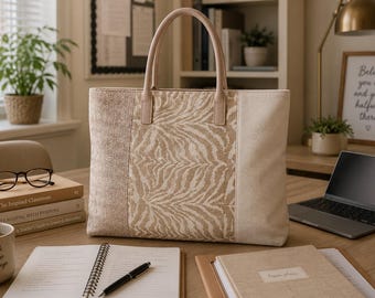Borsa tote in lino patchwork fatta a mano – Cinghie in pelle beige / Grande borsa a tracolla da lavoro o da viaggio