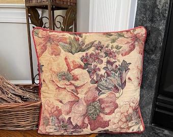 Handmade Jacobean Garden Tapestry Cushion Cover – Burgundy Velvet Back Floral Pillow 18x18