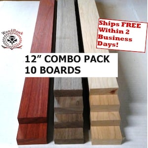May include: A combo pack of 10 wood boards, 12 inches long. The pack includes three different types of wood: red, gray, and light brown. The boards are stacked on top of each other. The text "12" COMBO PACK 10 BOARDS" is printed on the image.