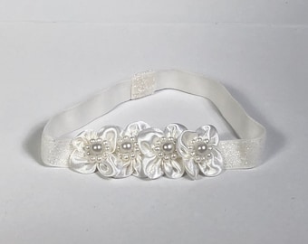 White headband, Baby headband, infant headband, flower headband, Baptism, christening, elastic headband, Girl hair accessory.