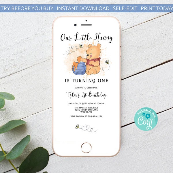 Our Little Hunny is Turning One Electronic Invitation Template Smartphone Text Message Invite Winnie the Pooh EDITABLE INSTANT DOWNLOAD hp