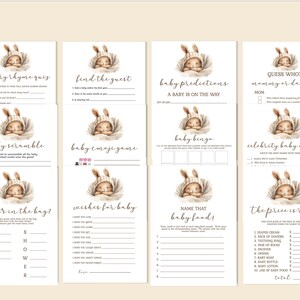 Pu&ograve; includere: Un set di carte da gioco per baby shower stampabili con una simpatica illustrazione di coniglietto. I giochi includono un quiz sulle filastrocche, trova l'ospite, previsioni per il bambino, bingo per il bambino, scramble per il bambino, gioco di emoji per il bambino, indovina chi &egrave; mamma o pap&agrave;, nomi di bambini famosi, cosa c'&egrave; nella borsa, auguri per il bambino, dai un nome a questo cibo per bambini, e il prezzo &egrave; giusto.