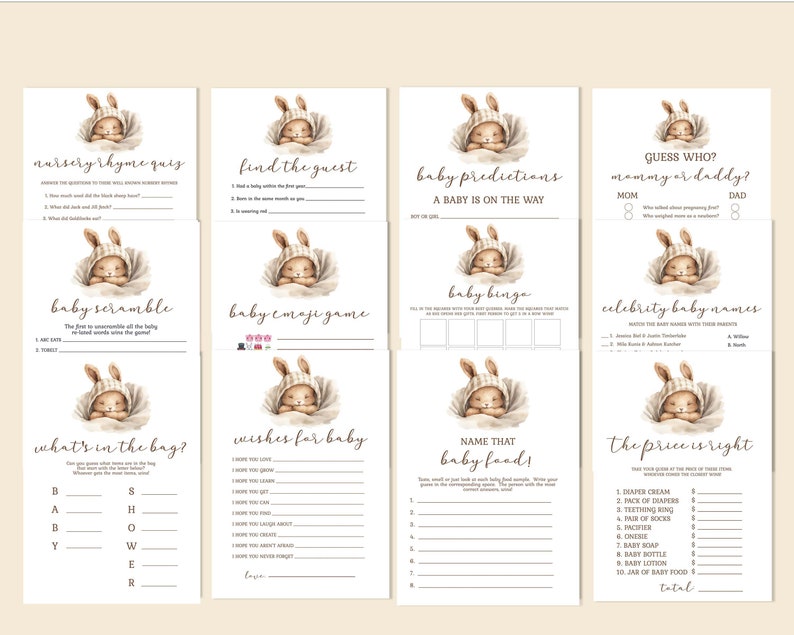 Pu&ograve; includere: Un set di carte da gioco per baby shower stampabili con una simpatica illustrazione di coniglietto. I giochi includono un quiz sulle filastrocche, trova l'ospite, previsioni per il bambino, bingo per il bambino, scramble per il bambino, gioco di emoji per il bambino, indovina chi &egrave; mamma o pap&agrave;, nomi di bambini famosi, cosa c'&egrave; nella borsa, auguri per il bambino, dai un nome a questo cibo per bambini, e il prezzo &egrave; giusto.
