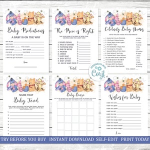 Winnie the Pooh Baby Shower 12 Game Templates Winnie the Pooh and Friends Baby Shower Honeybees EDITABLE INSTANT DOWNLOAD Printable hp