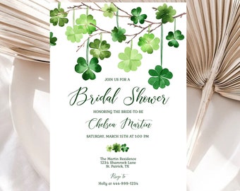Könnte beinhalten: Eine weiße Einladung zu einer Brautparty mit grünen Kleeblatt-Blättern und einem Zweig. Die Einladung lautet: "Join us for a Bridal Shower honoring the bride-to-be Chelsea Martin. Saturday, March 15th at 1:00 PM. The Martin Residence 1234 Shamrock Lane St. Patrick, TX. RSVP to Holly at 444-999-1234"
