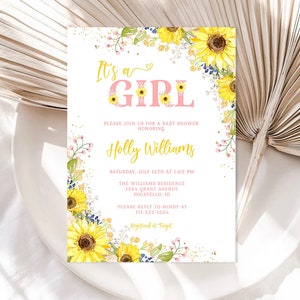 Sunflower Baby Shower Invitation, It's a Girl Template (Digital Download) a04