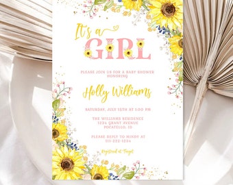 Sunflower Baby Shower Invitation, It's a Girl Template (Digital Download) a04