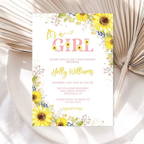 Sunflower It's a Girl Baby Shower Invitation Template Sunflower Baby Girl Shower Babies Breath Gold Sprinkles EDITABLE INSTANT DOWNLOAD A04