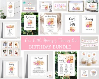 Our Little Hunny is Turning One Girl 1st Birthday Invitation Bundle Girl Winnie the Pooh 1st Birthday EDITABLE INSTANT DOWNLOAD Printable hp