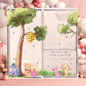 May include: An illustrated book page featuring Winnie the Pooh characters. The scene includes a tree with a beehive, Pooh Bear, Eeyore, Piglet, and Tigger. Text reads, "Sometimes the smallest things take up the most room in your heart."