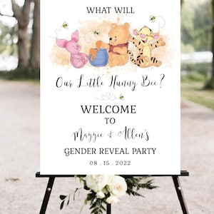 Was wird unsere kleine Hunny Bee Gender Reveal Party Willkommensschild Vorlage Winnie the Pooh Reveal EDITIERBARER SOFORTIGER DOWNLOAD Druckable hp