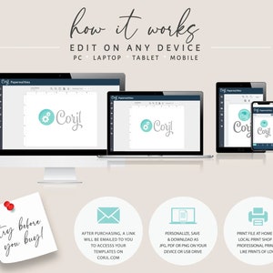 Pu&ograve; includere: Illustrazione che mostra come modificare modelli stampabili su un computer, un laptop, un tablet o un telefono cellulare. L'immagine mostra uno schermo di computer, uno schermo di laptop, uno schermo di tablet e uno schermo di telefono cellulare, tutti che mostrano lo stesso software di modifica dei modelli. Il testo "how it works" e "EDIT ON ANY DEVICE" &egrave; visualizzato nella parte superiore dell'immagine. Il testo "PC, LAPTOP, TABLET, MOBILE" &egrave; visualizzato sotto il testo "EDIT ON ANY DEVICE".