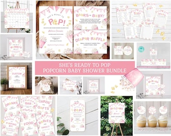 She's Ready to Pop Baby Girl Shower Invitation Bundle Popcorn Theme Baby Shower Movie Popcorn EDITABLE INSTANT DOWNLOAD Printable rtp