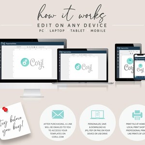K&ouml;nnte beinhalten: Illustration, die zeigt, wie man druckbare Vorlagen auf jedem Ger&auml;t bearbeiten kann, einschlie&szlig;lich PC, Laptop, Tablet und Handy. Das Bild zeigt einen Computerbildschirm, ein Tablet und ein Telefon, die alle die gleiche Vorlage mit dem Text "Cory!" in einem blau-wei&szlig;en Farbschema anzeigen. Der Text "Probieren Sie es aus, bevor Sie kaufen!" ist auf einem Haftnotiz geschrieben.