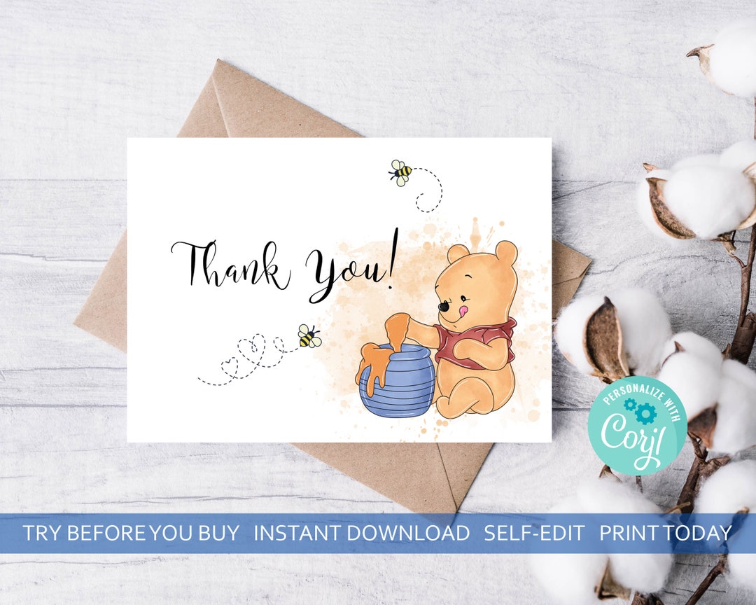 Winnie the Pooh Thank You Card, Hunny Pot Baby Shower (editable