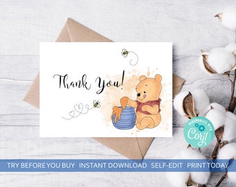 Winnie the Pooh Thank You Card Template A Little Hunny is on the Way A Little Honey Shower Birthday Thank you EDITABLE INSTANT DOWNLOAD hp