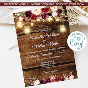 Rustic Barn Wedding Invitation: Burgundy Floral, Fairy Lights (Digital Download)