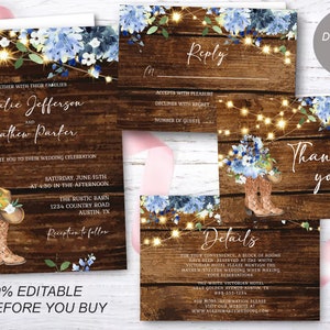 Rustic Blue Floral Cowgirl/Boy Boot Wedding Invitation 4 Card Set Cowboy Boot Fairy Lights Barn Wood EDITABLE INSTANT DOWNLOAD Printable rbc
