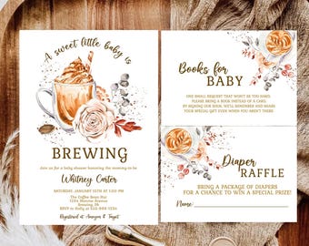 May include: Baby shower invitation set with a coffee theme. The invitation features a watercolor illustration of a coffee drink and a rose. The set includes a request for books, and a diaper raffle card.