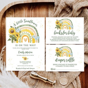 A Little Sunflower is on the Way Baby Shower Invitation 3 Card Template Set Sunflower Shower Boho Rainbow EDITABLE INSTANT DOWNLOAD os