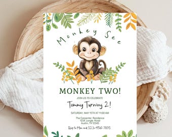 Monkey 2nd Birthday Invitation Template, Jungle Theme (EDITABLE INSTANT DOWNLOAD)
