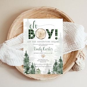 Oh Boy Let the Adventure Begin Baby Boy Lumberjack Shower Invitation Template Green Plaid Outdoor Theme Shower EDITABLE INSTANT DOWNLOAD bpl
