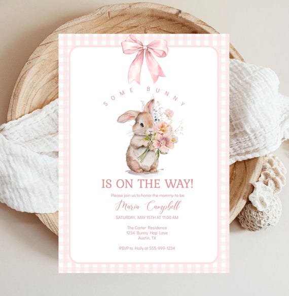 Some Bunny is on the Way Baby Girl Shower Invitation Template Bunny Shower Pink Bow Pink Gingham A Little Bunny EDITABLE INSTANT DOWNLOAD lb