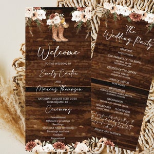 Rustic Boho Wedding Program Template Order of Ceremony Cowgirl Boots Western Wedding Rust Cream Floral EDITABLE INSTANT DOWNLOAD rb