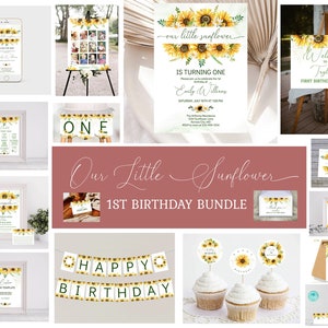 Our Little Sunflower is Turning One Birthday Invitation Bundle Template Sunflower 1st Birthday EDITABLE INSTANT DOWNLOAD Edit on Corjl sf