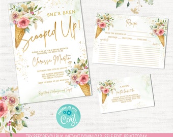 She's Been Scooped Up Bridal Shower Invitation, Recipe Card and Recipe Insert Templates Ice Cream Shower EDITABLE INSTANT DOWNLOAD su