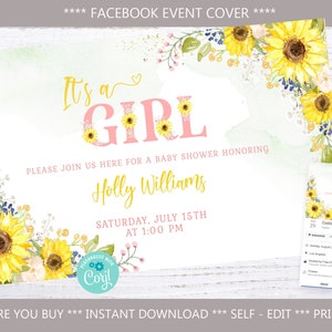 It&#39;s a Girl Baby Shower Facebook Event Cover, Virtual Shower, Girl Baby Shower, Sunflower Baby Shower, 100% EDITABLE INSTANT DOWNLOAD