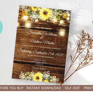 Rustic Sunflower Wedding Invitation Template, Sunflower Wedding, Fairy Lights, Mason Jars, Babies Breath 100% EDITABLE INSTANT DOWNLOAD a03