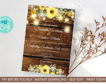 Rustic Sunflower Wedding Invitation Template, Sunflower Wedding, Fairy Lights, Mason Jars, Babies Breath 100% EDITABLE INSTANT DOWNLOAD a03