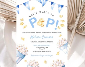 Puede incluir: Una invitación de baby shower azul y blanca con el texto "She's Ready to Pop!" y un tema de palomitas de maíz. La invitación incluye el nombre Melissa Connors, la fecha y hora de la ducha, y la ubicación. También incluye la información de RSVP y la información de registro.