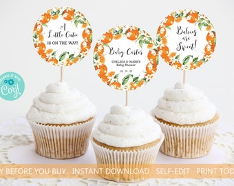 Orange Baby Shower Cupcake Topper Template (Editable, Instant Download)