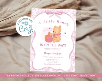 Inbjudan till Nalle Puh-babyshower, rosa toalett (REDIGERBAR DIREKT NEDLADDNING)