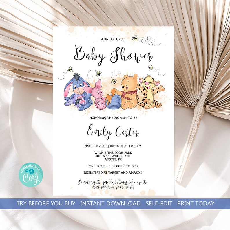 EDITABLE Winnie the Pooh Baby Shower Invitation Template Winnie Pooh Honey Pot Honeybee Piglet Tigger Eeyore INSTANT DOWNLOAD Printable hp image 2