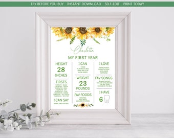 May include: A white picture frame with a sunflower-themed first birthday milestone chart for a baby named Charlotte. The chart includes her height, weight, firsts, favorite foods, songs, and what she can do.