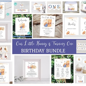Our Little Hunny is Turning One Birthday Invitation Bundle Winnie the Pooh 1st Birthday EDITABLE INSTANT DOWNLOAD Printable Bundle hp