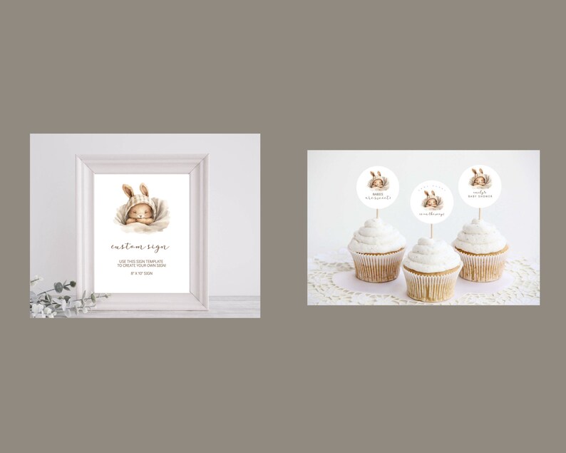 Pu&ograve; includere: Un modello di cartello stampabile con un simpatico coniglietto dei cartoni animati che indossa un cappello. Il cartello dice "custom sign" e "Use this sign template to create your own custom 8" x 10" sign". Ci sono anche tre topper per cupcake con lo stesso design del coniglietto.