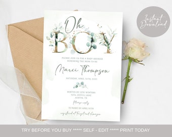 Eucalyptus Dusty Blue Oh Boy Baby Shower Invitation Template Bohemian Gold Letters Greenery Shower Boy Shower EDITABLE INSTANT DOWNLOAD