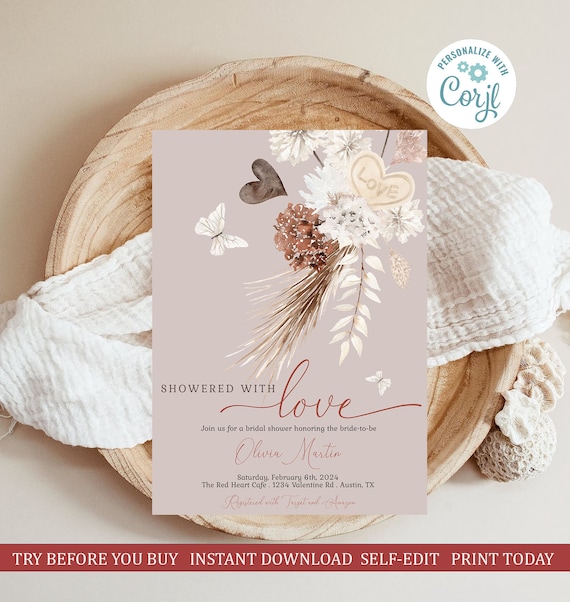 Showered With Love Bridal Shower Invitation Template Valentine February Shower Heart Butterflies EDITABLE INSTANT DOWNLOAD Printable vbs