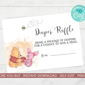 Plantilla de tarjeta de rifa de pañales para baby shower de Winnie the Pooh Un pequeño conejito está en camino Ducha de osito lindo DESCARGA INMEDIATA EDITABLE hp