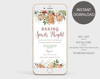 Christmas Cookie Exchange Electronic Invitation Template Baking Spirits Bright Smartphone Text Message EDITABLE INSTANT DOWNLOAD